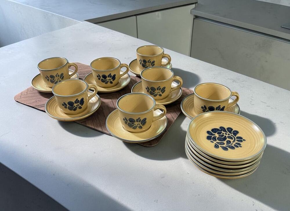 Pfaltzcraff Stoneware Blue 7 Cups Saucers 6 Bread Desert Plates Folkart Tan Mugs